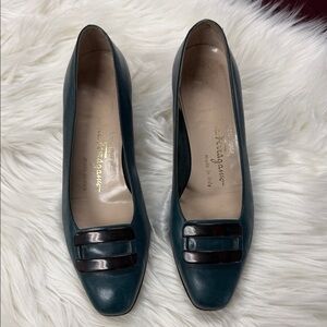 Salvatore Ferragamo Dark Teal Flats with Brown Accents